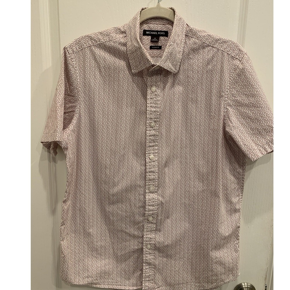 Michael Kors Short Sleeve Button White/Red/Pink Geometric L Tailored/Classic Fit